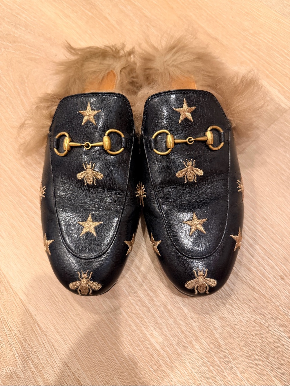 Gucci Black Leather Fur-Lined Horsebit Loafers with Gold Embroidery